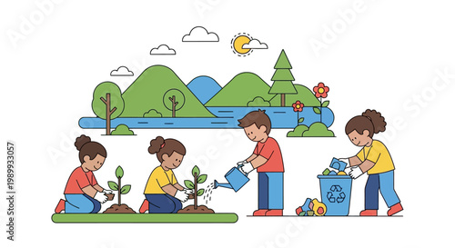 Illustrated scene of children participating in Earth Day education, planting trees, watering plants, and cleaning up the environment, set against a bright, nature-filled background