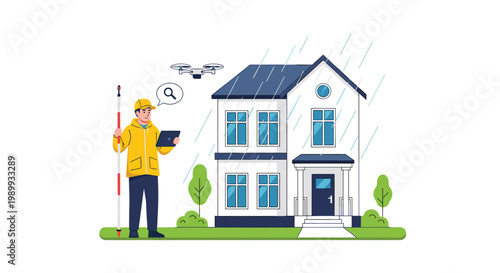 Professional land surveyor in a bright yellow raincoat operates a modern drone and tablet while inspecting a suburban house during a steady rainfall.