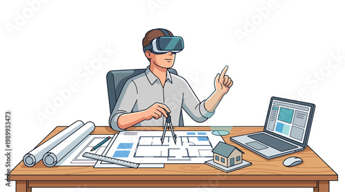 Architect Using Virtual Reality to Design a Modern Office Building With Blueprints and Laptop