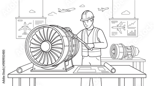 Aircraft Engine Technician Performing Jet Engine Maintenance and Inspection in Aviation Workshop With Blueprints