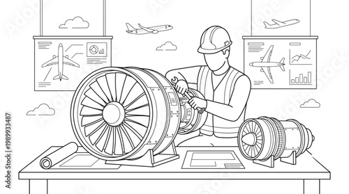 Aircraft Engine Technician Performing Jet Engine Maintenance With Blueprints and Aircraft Diagrams in Workshop