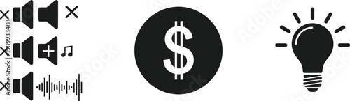 Black minimalist icon set featuring audio volume controls with music notes, currency dollar symbol, and glowing light bulb for business ideas,