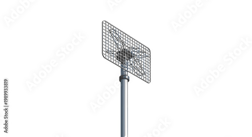 Specialized metallic grid antenna with an intricate wire mesh structure stands mounted on a tall silver pole for long-range signal reception and transmission.