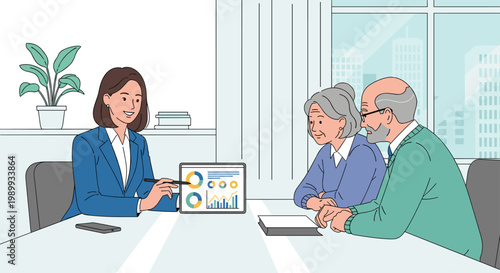 Professional female financial advisor in a sharp blue suit presents colorful investment charts on a digital tablet to an attentive elderly couple in an office.