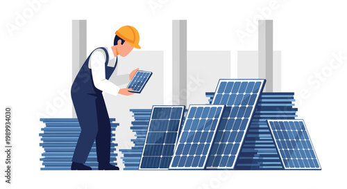 A professional technician wearing a bright yellow safety helmet and dark blue overalls inspects a solar panel module within a vast industrial storage area.