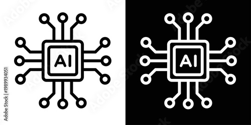 A modern and minimal AI chip symbol with circuit board connections in two versions — white on dark background and black on white background. Perfect for technology, artificial intelligence, machine le