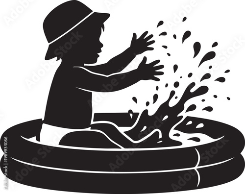 Silhouette of a child joyfully playing and splashing water in a kiddie pool