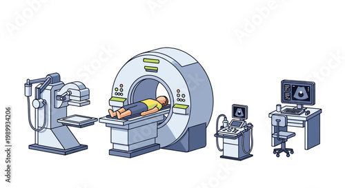 A pristine medical diagnostic room contains a large white MRI scanner with a patient alongside a specialized X-ray machine and a mobile ultrasound device.