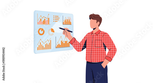 A focused man dressed in a red checkered shirt uses a black stylus to analyze multiple orange data charts on a glass panel against a white background.