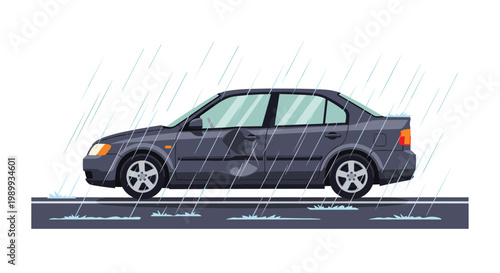 A damaged dark gray sedan with a prominent side door dent remains parked on a slick asphalt road during a heavy downpour under a bright white sky.
