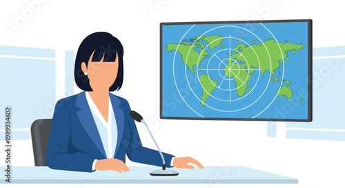 A professional female news reporter wearing a tailored blue blazer sits at a white desk in front of a large screen displaying a vibrant green world map.