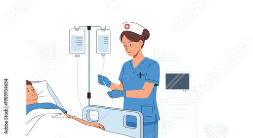 A dedicated nurse wearing blue scrubs and a traditional white cap meticulously adjusts an intravenous drip for a male patient resting in a hospital bed.