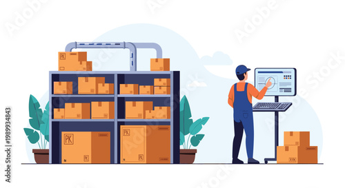 A diligent warehouse employee wearing blue overalls and a cap operates a computer terminal beside tall metal shelves stacked with brown cardboard boxes.
