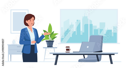 A professional businesswoman wearing a tailored blue blazer gestures while standing in a bright modern office featuring a panoramic city skyline window view.