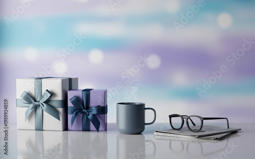 Minimal Product Flat Lay with Gift Boxes, Coffee Mug, Glasses and Newspaper on Soft Pastel Background