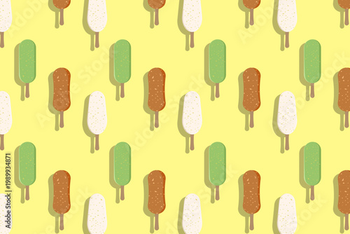 Seamless pattern with nutty glaze ice cream popsicles on a pastel yellow background