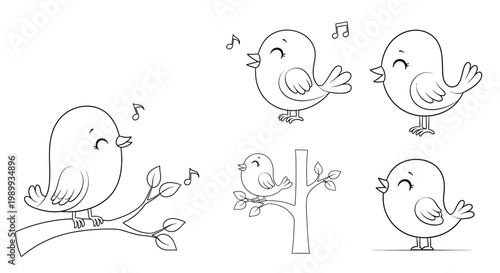 Set of five cartoon birds in black and white some on branches with musical notes