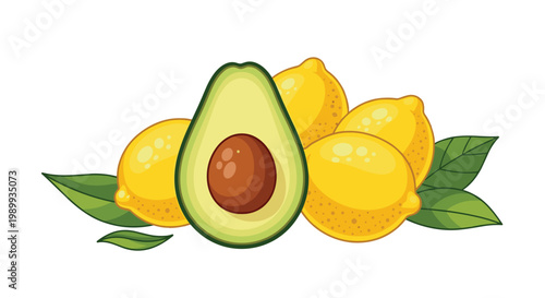 A perfectly ripe avocado half with a smooth brown pit sits prominently amidst a cluster of bright yellow lemons and lush green leaves in this illustration.
