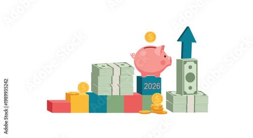 A charming pink piggy bank rests on a blue block marked with the year 2026 amid stacks of dollar bills and golden coins against a white backdrop.