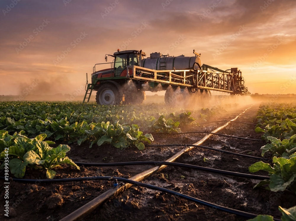 Fototapeta premium Agricultural sprayer working in a field during a golden sunset, applying fertilizer to crops, irrigation lines visible on the ground