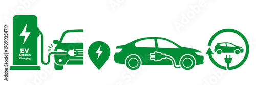 Green electric vehicle EV charging station icons. Isolated vector set with transparent PNG background for eco-friendly energy designs.