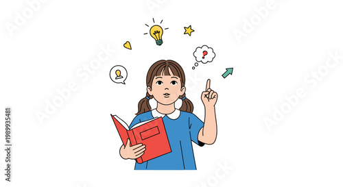 An inquisitive young girl in a blue dress holds an open red book while various educational icons like a lightbulb and star float above her head.
