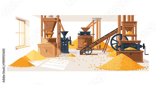 Meticulous wooden grain milling machinery processes golden harvests inside a rustic industrial workshop illuminated by soft natural light from a side window.
