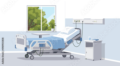 An adjustable blue medical bed sits in a bright hospital room featuring a large window with a view of vibrant green summer trees under soft daylight.