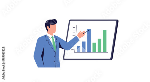A professional businessman in a sharp blue suit uses a pointer to explain colorful bar graphs on a large presentation board during a corporate meeting.