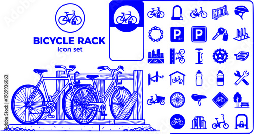 Bicycle Rack Icon Set Bike Parked Simple Wooden Structure Bike Storage Parking Facility Bike Stand Urban Infrastructure Cycling Amenity Vector Illustration
