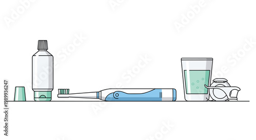 An organized row of essential dental hygiene tools featuring a toothpaste tube an electric toothbrush a glass of mouthwash and a dental floss container.
