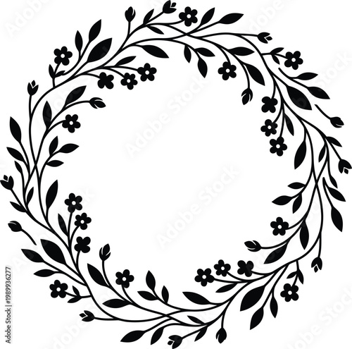 Black floral wreath illustration with leaves and small flowers