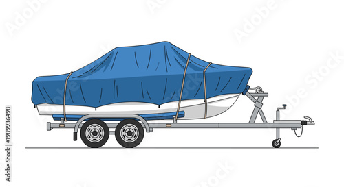 A white recreational boat is securely mounted on a sturdy dual-axle metal trailer and protected by a large fitted blue waterproof canvas cover.