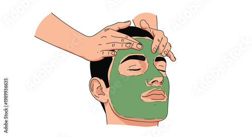 A relaxed man with closed eyes receives a meticulous application of a vibrant green clay facial mask from gentle hands against a clean white background.