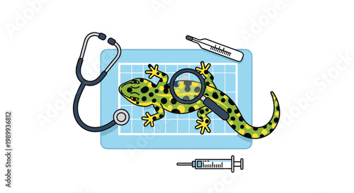 A detailed top-down view shows a green spotted gecko resting on a blue medical grid mat surrounded by a stethoscope under soft and even clinical lighting.