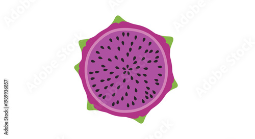 A vibrant circular slice of a pink dragon fruit displays its intricate pattern of tiny black seeds and delicate green scales under a bright and even light.