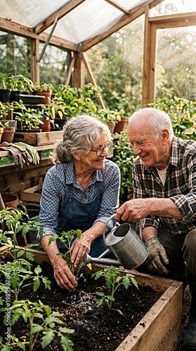  Tender Moment: Senior Asian Couple Gently Waters Young Tomato Seedlings in a Sunlit Greenhouse
