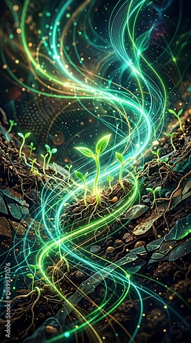  Digital Nature Growth: Futuristic Plants with Glowing Roots and Circuits