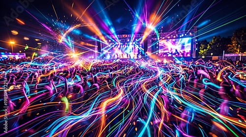 Stylized music festival landscape: a crowd of people whose silhouettes merge with abstract, vibrant waves of sound rising into the summer sky. Energetic colors, dynamic composition