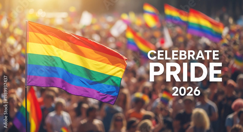 Crowd with rainbow flag, celebrating Pride. Symbolizes diversity, inclusion, and acceptance, perfect for community events, social justice.