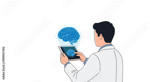 A focused medical professional in a pristine white lab coat interacts with a digital tablet projecting a detailed blue holographic human brain model.