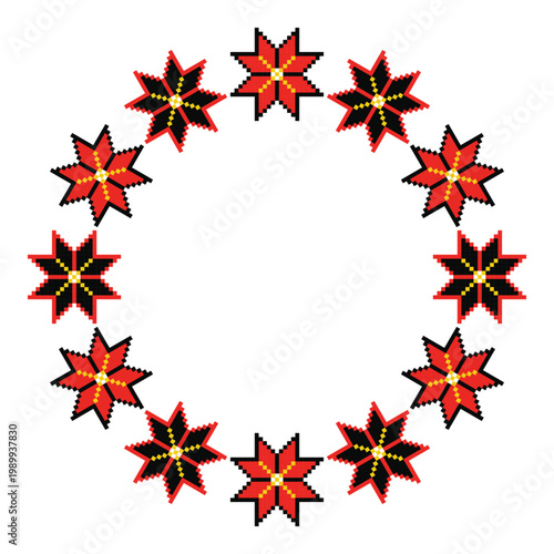 Circular pixel ornament with Lviv Ukrainian Alatyr star folk motifs in red, black and yellow. Versatile round ethnic embroidery design