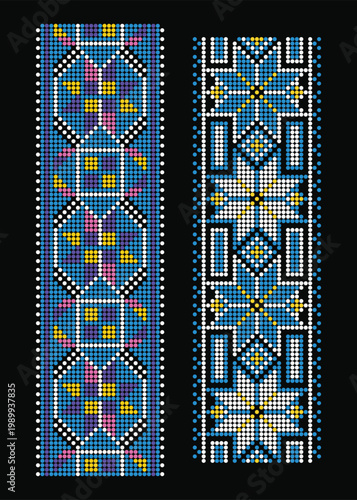 Ukrainian Alatyr star and diamond ornament set in blue and yellow beaded style on black. Vivid Lviv folk embroidery on dark background