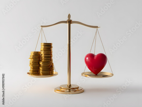 Obraz na płótnie 金貨と赤いハートを載せた金の天秤の3Dレンダリング、お金と愛のバランスや価値観のコンセプト