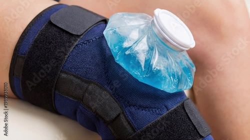Ice pack applied to swollen painful knee for cold therapy and pain relief, medical treatment concept, close up.