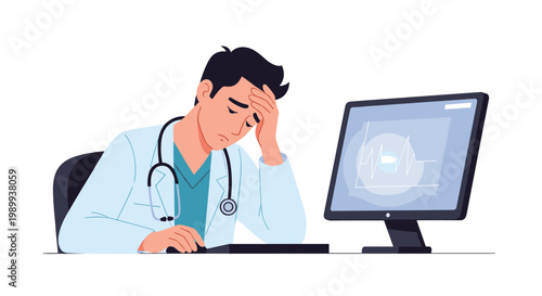 A weary male doctor wearing a white lab coat and stethoscope sits at his desk with a hand on his forehead while looking at a medical heart monitor.