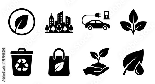 Eco friendly icon set with 8 black vector symbols, sustainability and green energy icons, recycling and environmental conservation graphics for web design