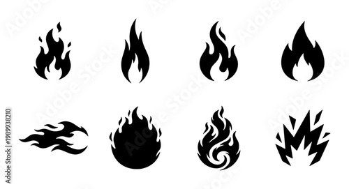 Black fire flame silhouette icons, set of 8 minimalist bonfire and spark vector symbols, flat burning heat graphic elements for logos and UI