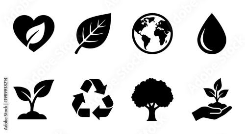 Eco friendly icons set, black silhouette ecology symbols for environmental conservation, 8 nature vector elements for sustainable branding