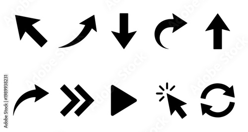 Minimalist black arrow icon set, 10 directional cursor and navigation symbols, flat vector web interface elements for app design